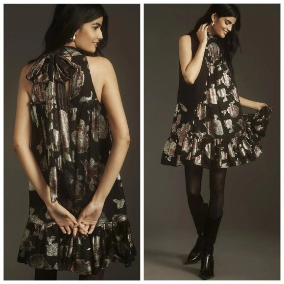 Maeve Anthropologie Shine Metallic Floral Black Sleeveless Tie-Neck Swing Dress - Picture 1 of 12